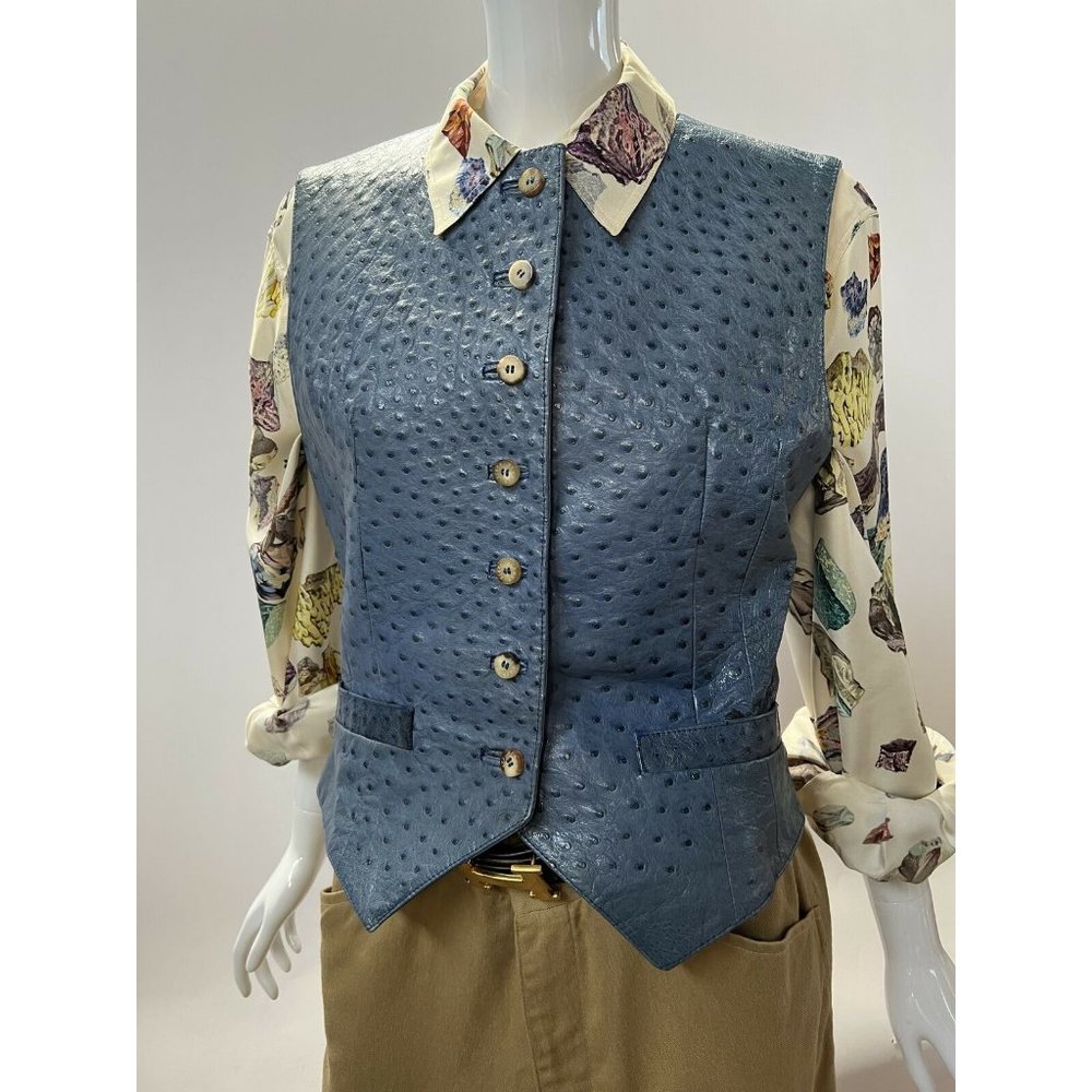 Hermes Womens Vest Blue Buttons Pockets Ostrich Leather Vintage 8 EUR 38